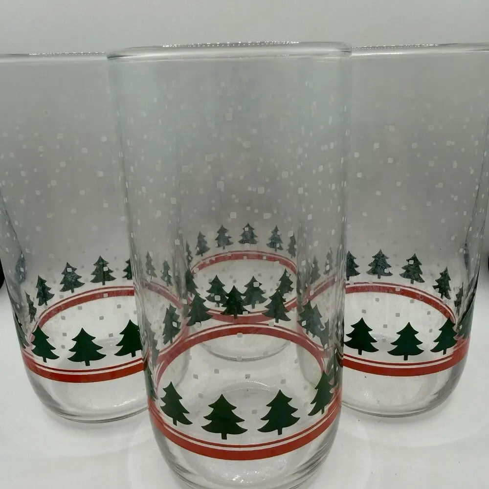 Vintage Libbey Christmas Tree Drinking Glasses Set of 4 Tumblers Hazy 5.25”